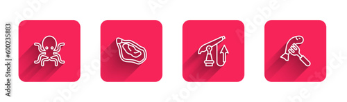 Set line Octopus, Mussel, Fishing harpoon and Served fish plate with long shadow. Red square button. Vector