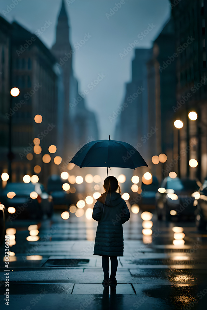 Obraz premium Young girl in a big city in the rain with an umbrella (Generative AI, Generativ, KI)