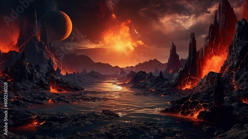 Alien planet with lava and magma. AI generation