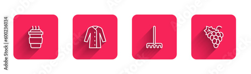 Set line Coffee cup to go, Raincoat, Garden rake and Grape fruit with long shadow. Red square button. Vector