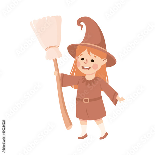 Little Girl Actress in Theater Costume of Witch with Broom Showing Performance Vector Illustration