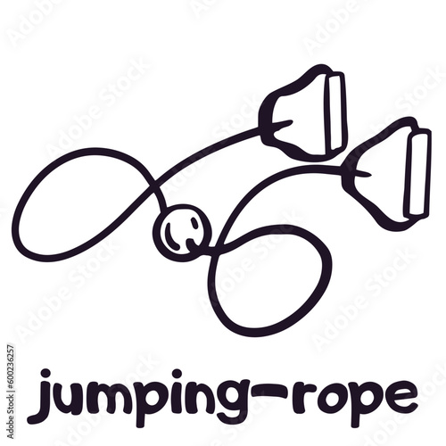 Skipping, jumping rope sign, jump rope emblem. Vector doodle sport equipment logotype isolated on white. Outline illustration.