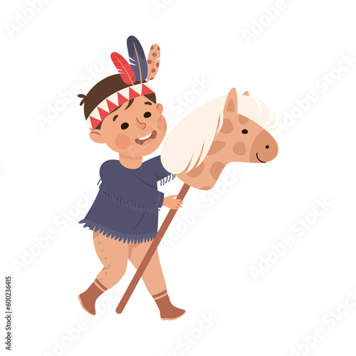 Little Boy Actor in Theater Costume of Indian with Feathers and Horse Showing Performance Vector Illustration