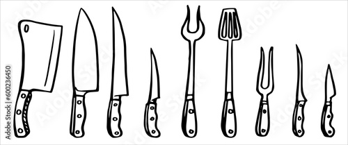 A set of knives. Kitchen equipment isolated on white background. Chef knife. Vector hand drawn doodle illustration. Set of butcher knives for butcher shop and meat theme design.