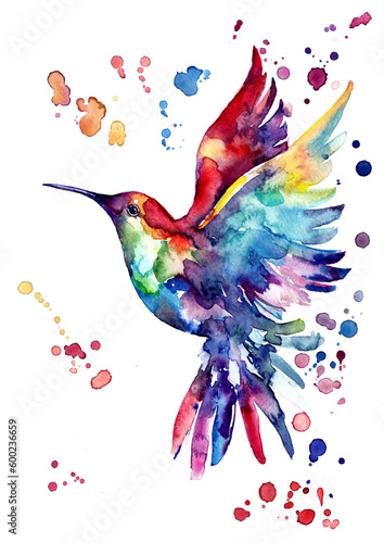 Watercolor Hummingbird art, little bird drawing