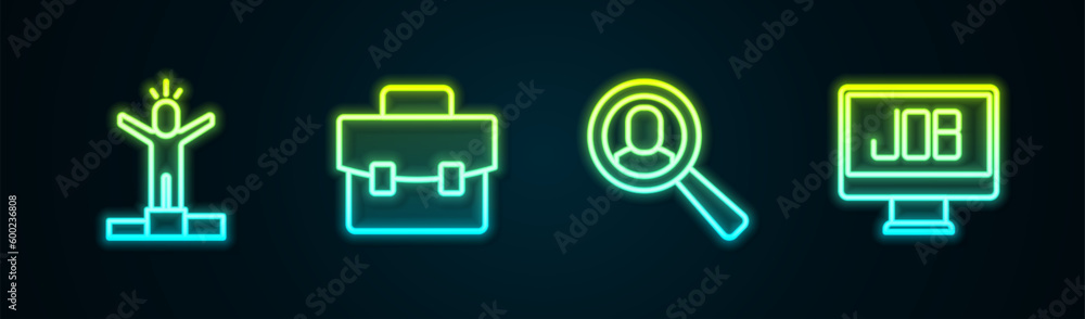 Set line Productive human, Briefcase, Magnifying glass for search job and Search. Glowing neon icon. Vector Set line Productive human, Briefcase, Magnifying glass for search job and Search. Glowing neon icon. Vector