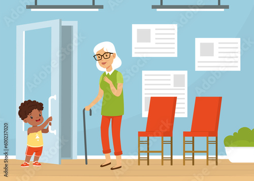 Polite little boy opening door to elderly woman. Well mannered kid, good manners and respect cartoon vector