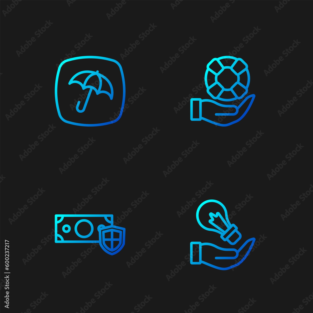 Set line Light bulb in hand, Money with shield, Umbrella and Lifebuoy. Gradient color icons. Vector Set line Light bulb in hand, Money with shield, Umbrella and Lifebuoy. Gradient color icons. Vector