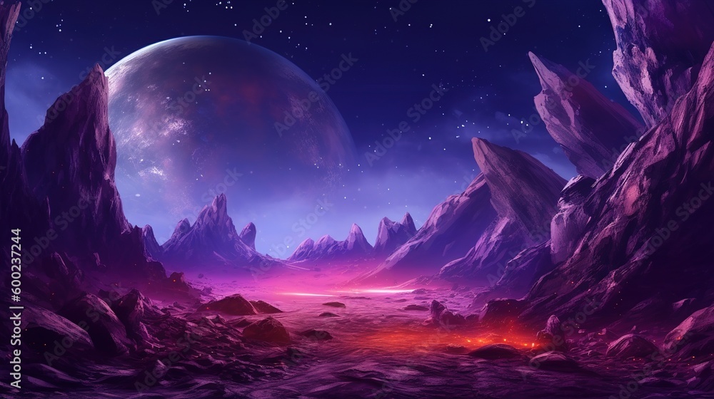 Landscape of an alien planet in purple color. AI generation