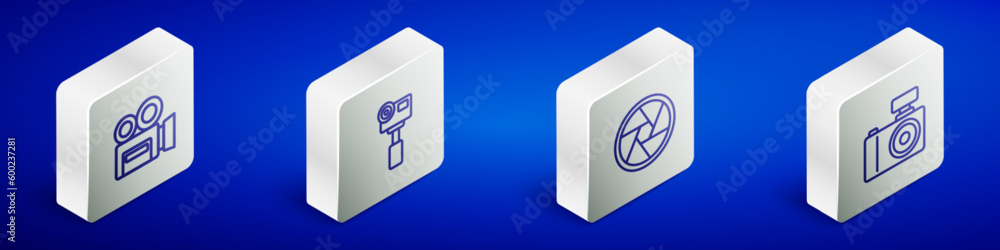 Set Isometric line Retro cinema camera, Action extreme, Camera shutter and Photo icon. Vector Set Isometric line Retro cinema camera, Action extreme, Camera shutter and Photo icon. Vector