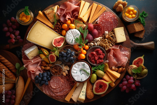 Top view Gourmet charcuterie and cheese board