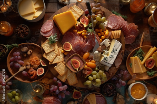 Top view Gourmet charcuterie and cheese board