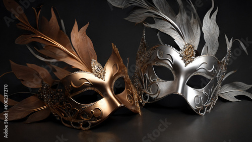 Elegant costume masquerade masks grouping w ribbons luxurious gold and copper feathers, photography style for beautiful festive holiday invitations announcements flyers (generative AI, AI) 