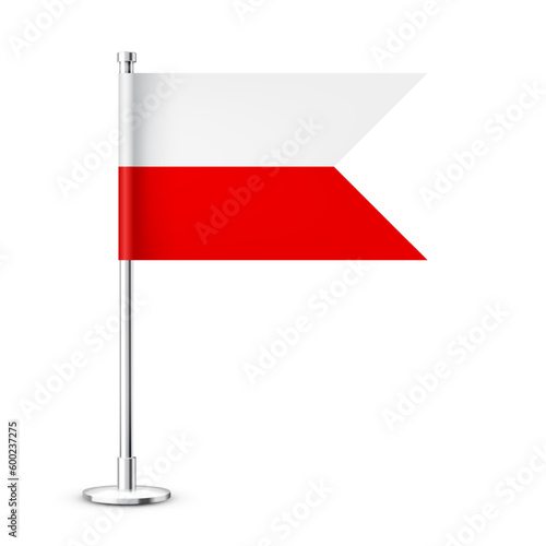 Free Download Polish table flag on a chrome steel pole. Souvenir from Poland. Desk flag made of paper or fabric and shiny metal stand. Mockup for promotion and advertising. Vector illustration - GFXLoad