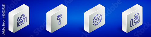 Set Isometric line Retro cinema camera, Action extreme, Camera shutter and Photo icon. Vector