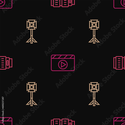 Set line Camera photo lens, Studio light bulb in softbox and Movie clapper on seamless pattern. Vector