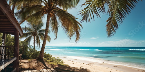 Tropischer Palmenstrand mit Blick aufs Meer blauer Himmel und Sonnenschein Hintergrund Bild - mit KI erstellt  