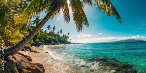 Tropischer Palmenstrand mit Blick aufs Meer blauer Himmel und Sonnenschein Hintergrund Bild - mit KI erstellt 