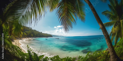 Kokosnusspalmen am tropischen Strand Sonnenschein und blauer Himmel mit KI erstellt photo