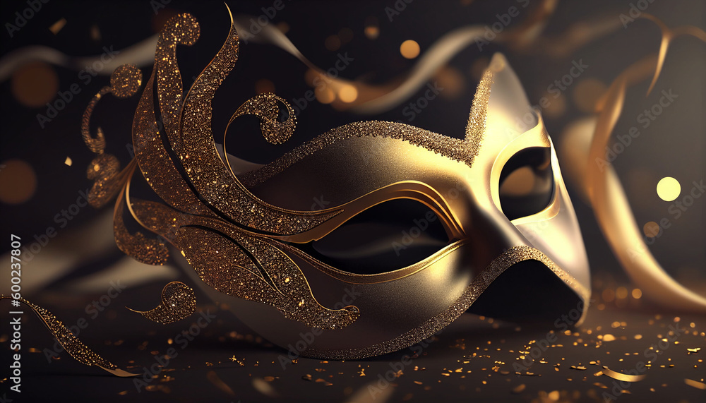 Obraz premium Elegant costume masquerade golden gold mask w ribbons luxurious backdrop of glitter, sparkle, photography style for beautiful festive holiday invitations announcements flyers (generative AI, AI)