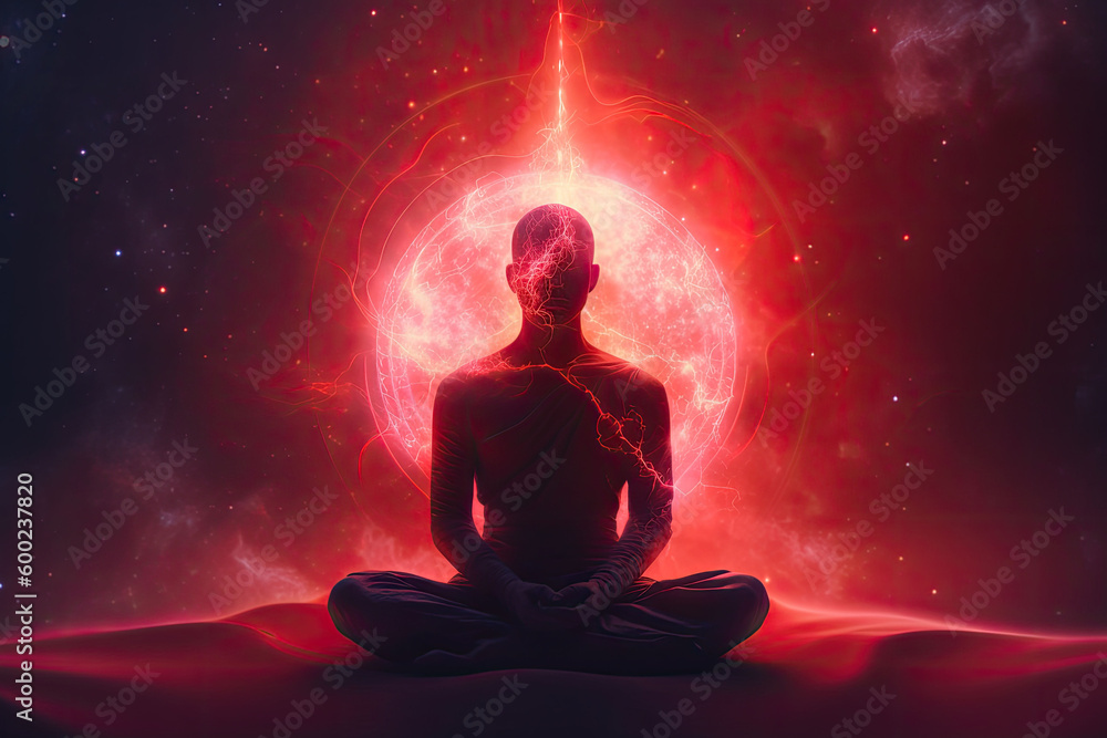 Meditating man. Concept of spiritual practice, chakras and astral body activation. Generative AI