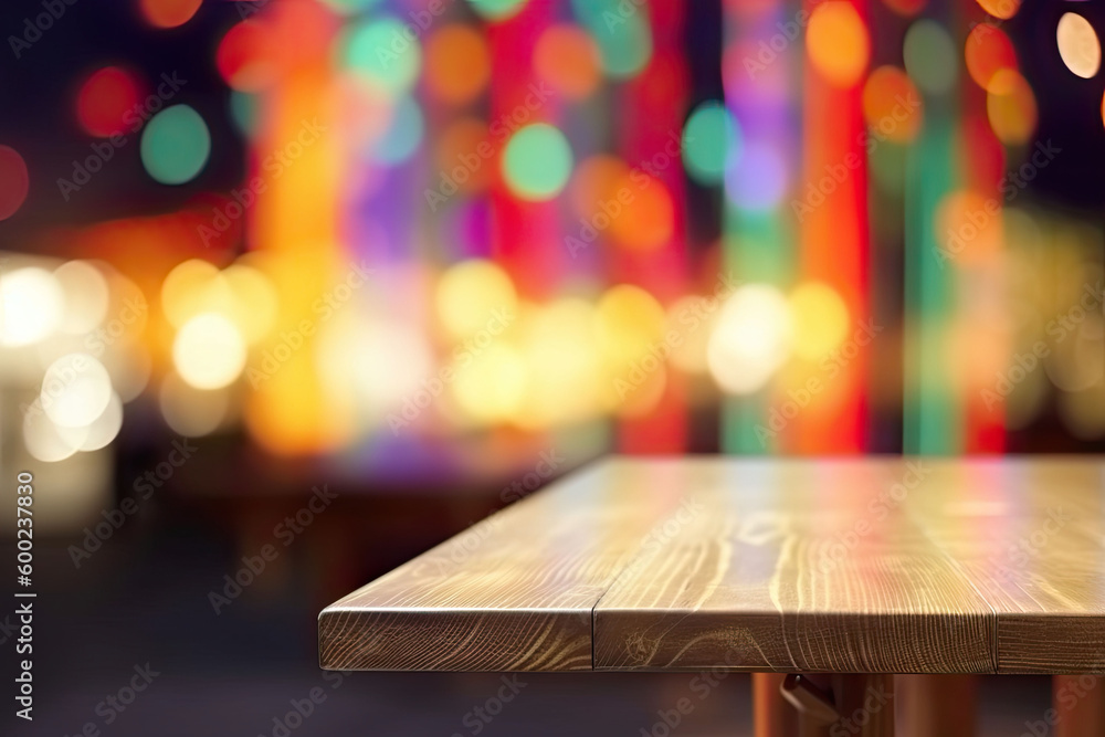 Wooden table in front of abstract blurred background of colorful restaurant lights. Generative AI Wooden table in front of abstract blurred background of colorful restaurant lights. Generative AI