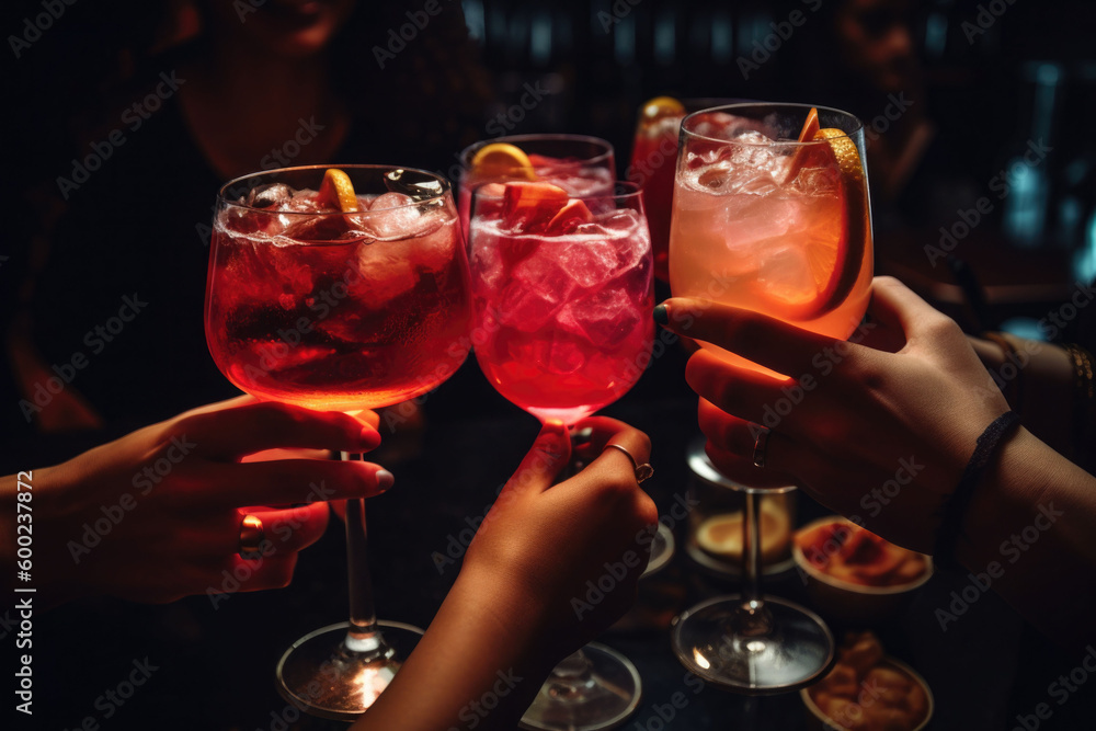 Close up of people cheering cocktails in a bar. Cheerful friends clinking glasses. Generative AI Close up of people cheering cocktails in a bar. Cheerful friends clinking glasses. Generative AI