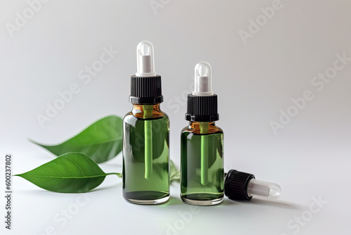 Cosmetic serum in a glass bottles with green leaves on light background. Generative AI