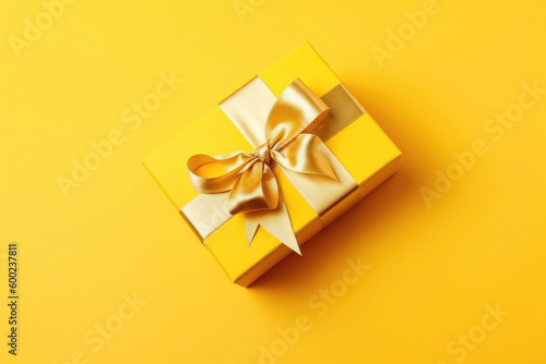 Gift box with golden satin ribbon and bow on yellow background. Generative AI