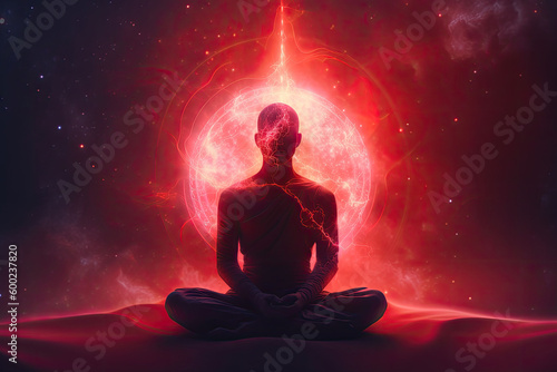 Meditating man. Concept of spiritual practice, chakras and astral body activation. Generative AI © barmaleeva