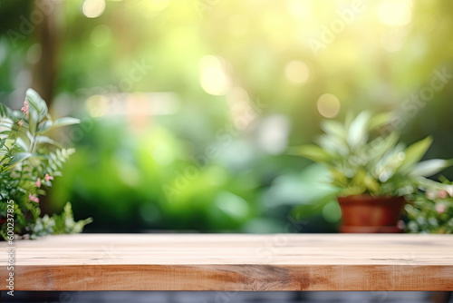 Image of wooden table in front of abstract blurred background made of plants. Generative AI © barmaleeva