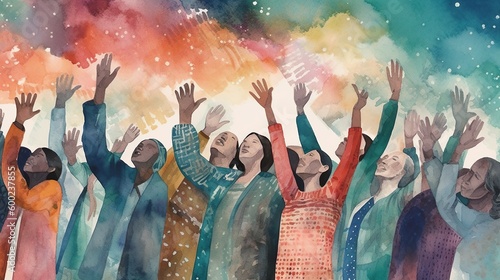 people praying, worship, pray for the day, colorful watercolor illustration. Generative AI © cartoon-IT