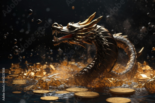 A dragon jumping out of golden coins. A dragon and treasure  piles of gold coins. Generative AI