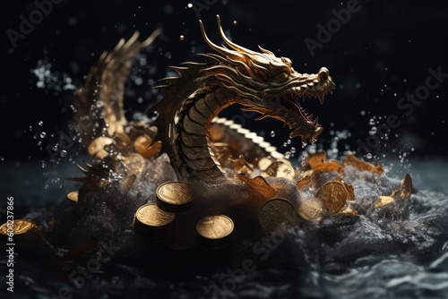 A dragon jumping out of golden coins. A dragon and treasure, piles of gold coins. Generative AI © barmaleeva