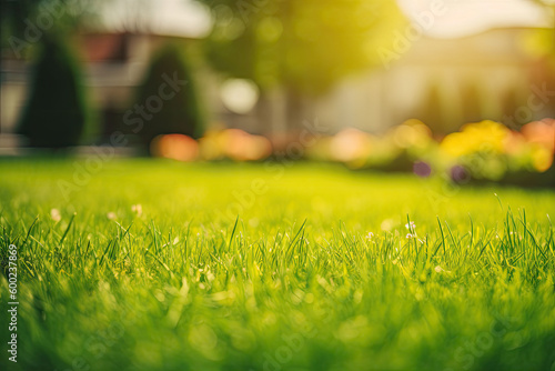 Neatly trimmed lawn on blurred spring background. Ground level view. Generative AI
