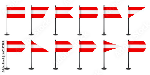 Realistic various Austrian table flags on a black steel pole. Souvenir from Austria. Desk flag made of paper or fabric, shiny metal stand. Mockup for promotion and advertising. Vector illustration