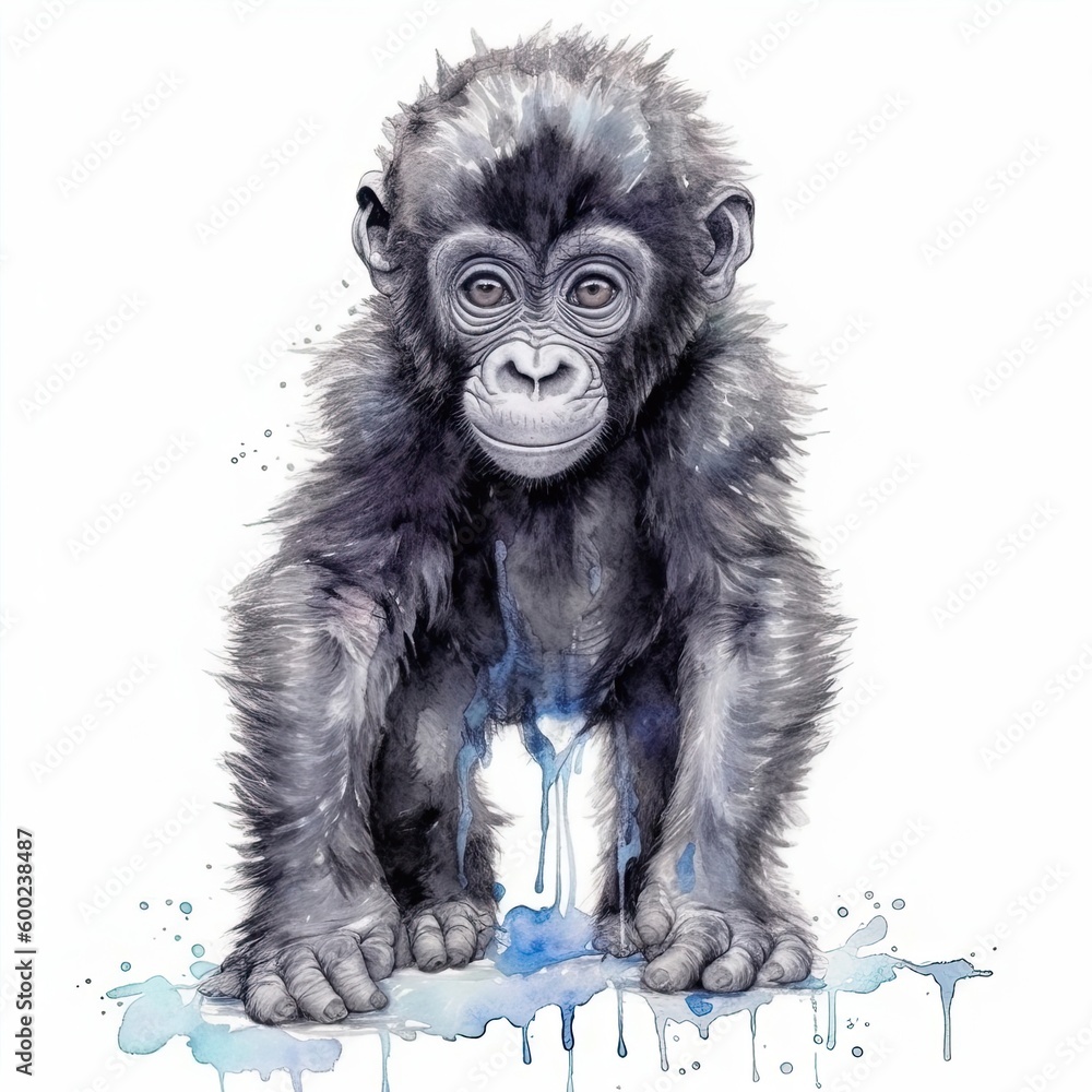 Baby Gorilla watercolor with ink outline on white background, high detailed (generative AI)