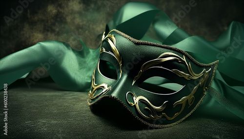 Elegant costume masquerade green emerald mask w ribbons luxurious backdrop of glitter, sparkle, photography style for beautiful festive holiday invitations announcements flyers (generative AI, AI) 