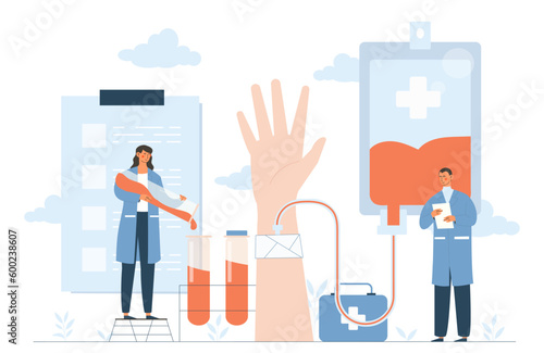 Blood donation concept. Man and woman near large hand with tubes. Medical and antibody tests. Volunteer and activist with doctors. Give blood save life. Cartoon flat vector illustration
