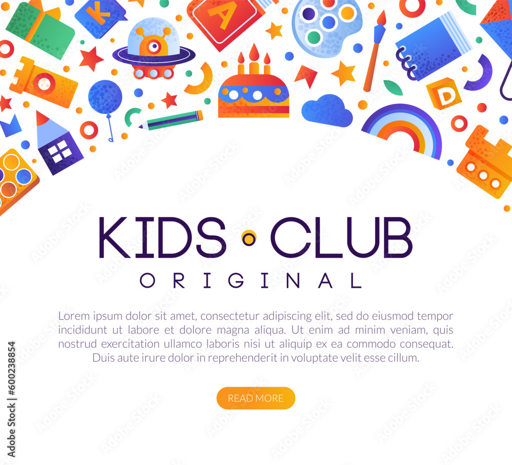 Kids Land Club Card with Bright Toy and Childish Entertainment Objects for Playing Vector Template Kids Land Club Card with Bright Toy and Childish Entertainment Objects for Playing Vector Template
