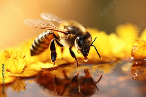 insect closeup yellow background gold flying pollen honey macro nature bee. Generative AI.