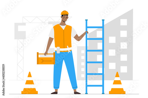 Builder with tools. Man in uniform and protective helmet against background of silhouettes of buildings. Construction and engineering. Urban architecture concept. Cartoon flat vector illustration