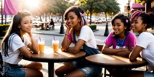 Happy beautiful asian, south american and afro women meeting outdoors and having fun, multiethnical adult females friends spending time together sitting in a bar street cafe summer time. Generative AI