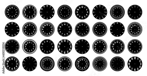 Mechanical clock faces, watch dial with numerals, bezel. Timer or stopwatch element with minute, hour marks and numbers. Blank measuring circle scale with divisions. Vector illustration