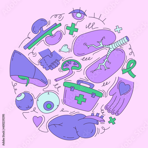 Set of human organs for donation. Vector illustration in doodle flat style.
