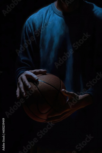 Close-up view of glowing basketball ball on wet floor and 3d court with  generative AI © OKAN