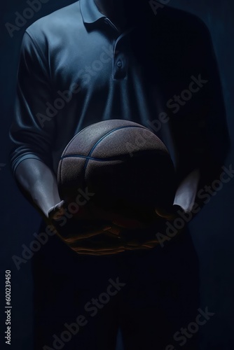 Close-up view of glowing basketball ball on wet floor and 3d court with generative AI