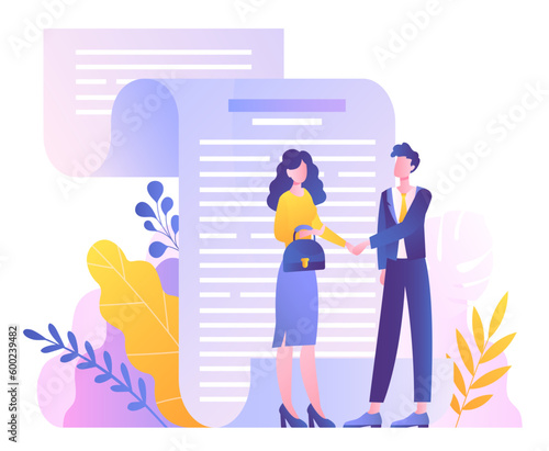 People with contract. Man and woman shake hands next to document. Entrepreneur and investor. Collaboration and cooperation. Deal and successful negotiations. Cartoon flat vector illustration