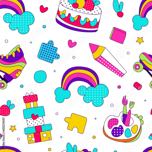 Seamless pattern with rainbow, pencil, cake. Kids club, childish decor repeating background, textile, packaging, wrapping paper design vector illustration