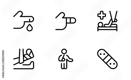 bandages cast icon such as Injured man, broken leg, broken arm, vector set design with Editable Stroke. Line, Solid, Flat Line, thin style and Suitable for Web Page, Mobile App, UI, UX design.